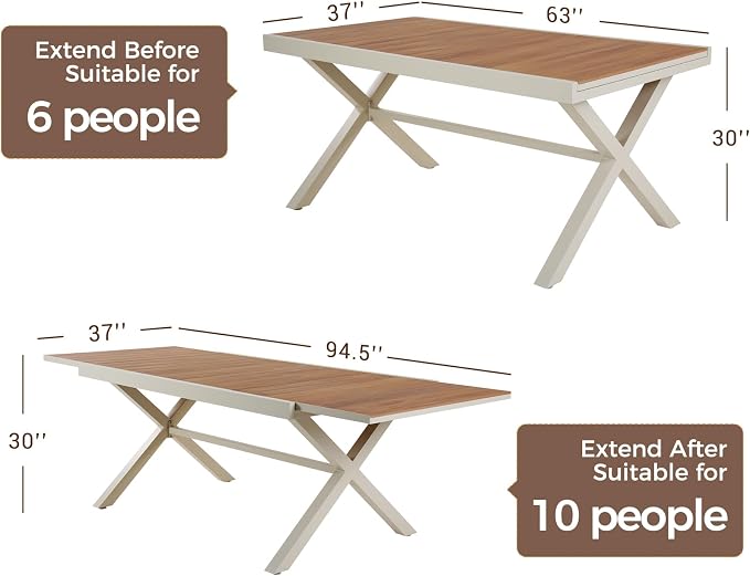 Grand patio Expandable Patio Dining Table, Extra Large 94.5" L x 37" W Outdoor Dining Table for 6-10 Person Wood Grain Rectangular Patio Table with E-Coating for Garden Porch Deck, Apricot