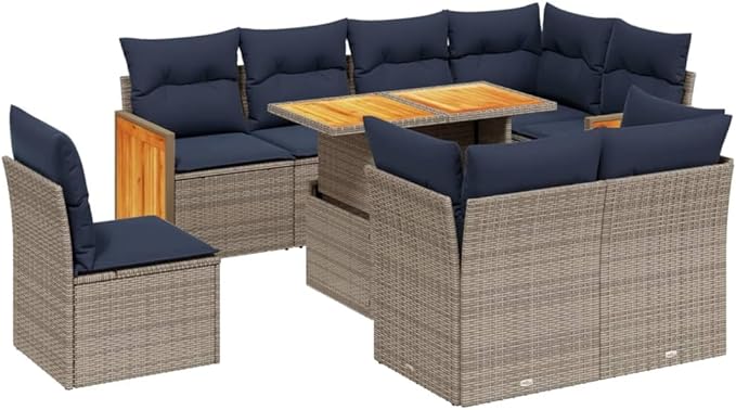 vidaXL Patio Sofa Set with Cushions 9 Piece, Outdoor Conversation Set, Sectional Sofa for Balcony Garden, Modern Style, Gray Poly Rattan