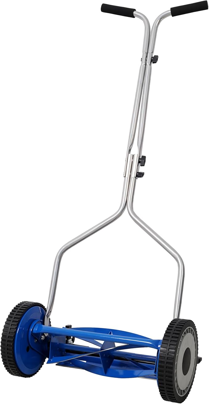 14in Push Reel Lawn Mower 5-Blade Manual Grass Cutter for Small Lawns,Lightweight & Eco-Friendly Adjustable Cutting Height 0.5"-2.25",Noise-Free & Low Maintenance,Blue Color