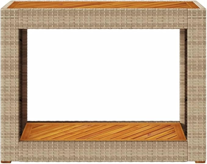 Outdoor Patio Side Table Beige Poly Rattan with Wooden Top 39.4" x 15.7" x 29.5" Coffee Small Side Table for Garden, Patio, Balcony, Backyard, Living Room