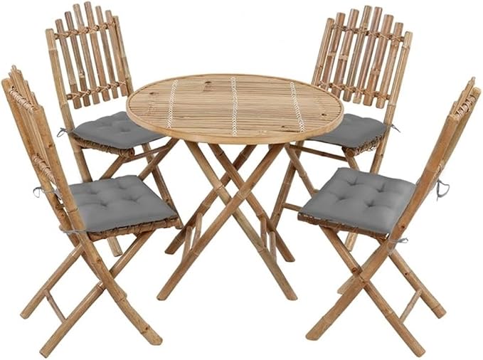 Afuera Living Bamboo Foldable Outdoor Dining Set, Gray Finish, 5-Piece with Cushioned Seats, Sustainable Material, Weather-Resistant for Patio, Garden or Terrace, Compact Design for Small Spaces