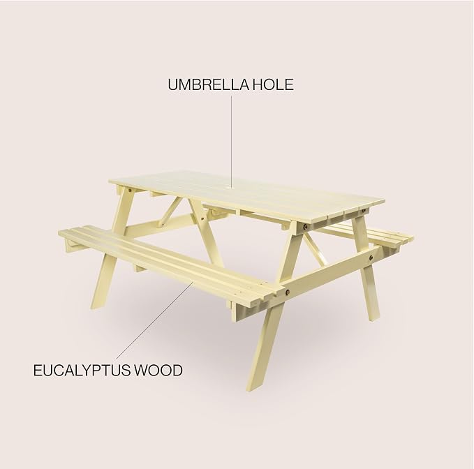 JONATHAN Y Shoreham 59" Eucalyptus Wood Outdoor Picnic Table with Benches for Patio, Rectangular Dining Set with 2" Umbrella Hole, Heavy Duty 700 lbs Capacity, Almond BNH200C