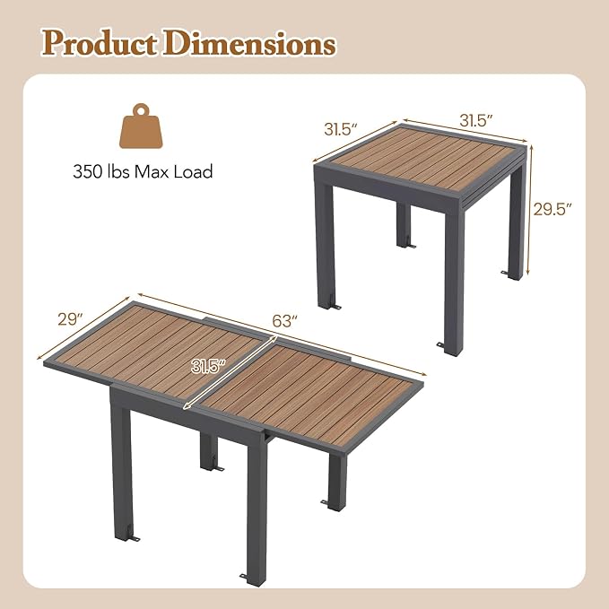 Tangkula 31.5"-63" Extendable Patio Dining Table, Aluminum Outdoor Dining Table for 4-6 People, L-Shaped Brace Included for Fixation, Space-Saving Expandable Table for Garden, Porch, Yard, Poolside