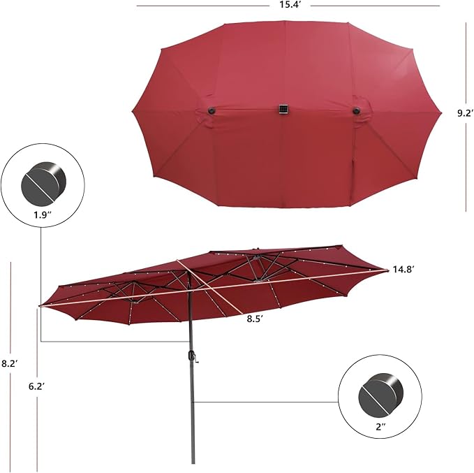 15ft Large Patio Umbrella with 3 Solar panels, 48 Solar LED Lights Base NOT Included, Outdoor Double-Sided Rectangle Market Umbrella with Crank Handle, Perfect for Pool, Lawn, and Garden (Pole Diameter 1.9 inch)