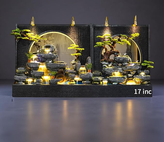 60" LED Outdoor Cement Fountain with Mist, Rock Waterfall & 50 Crystals – Zen Decor for Patio, Garden, Balcony or Housewarming (A+C)