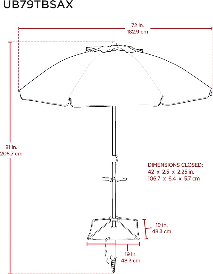 Tommy Bahama ANCHORX Adjustable Beach Umbrella Base System with Sand Anchor and Carrying Bag, SPF 50+ Protection Portable Outdoor Market Umbrella