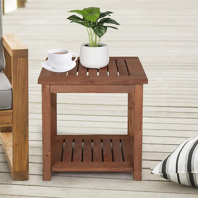 2 Tiers 18" Square Outdoor Side Table, Fir Patio Small Table, Indoor Outdoor Storage for Porch, Bedroom, Balcony, Weather Resistant, Carbonized Color