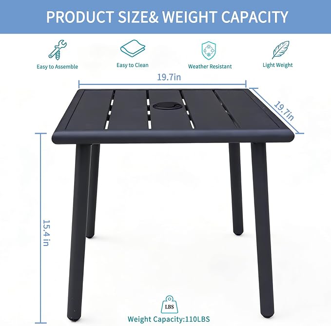Small Metal Outdoor Side Table with Umbrella Hole Set of 2, Sqaure Patio Coffee Bistro Table End Table, Umbrella Table with Hole for Poolside Yard Porch Deck Balcony,19.7x19.7 inches, Black