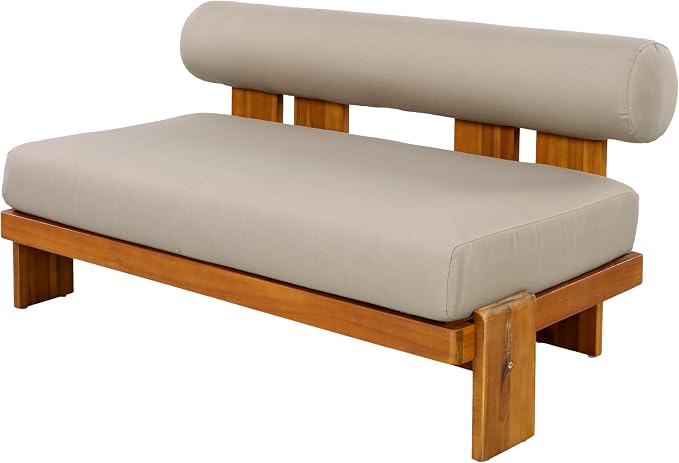 Merax 2 Piece Patio Loveseat & Coffee Table Set with Acacia Wood Frame, Waterproof Cushions & Round Backrest for Garden, Deck & Balcony, Light Brown+Teak