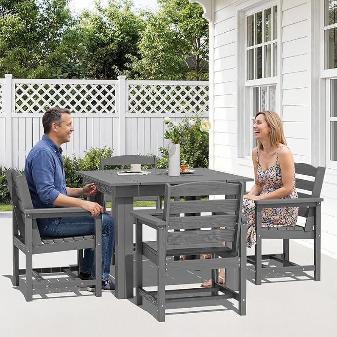 KINGYES HDPE Outdoor Dining Set for 4 with Umbrella, 6-Piece Square Patio Table & Armchairs, All-Weather for Backyard, Garden, Lawn & Poolside, Gray