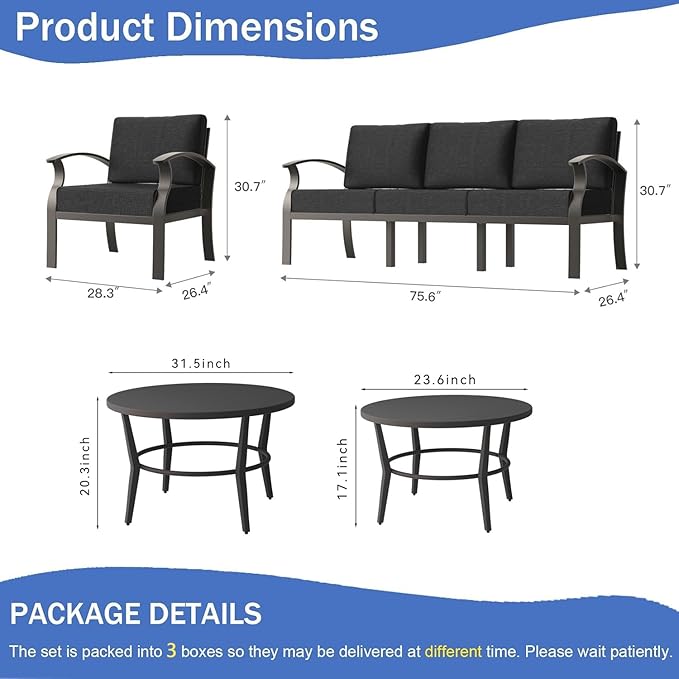 Kullavik Aluminum Patio Furniture Set with 2 Round Coffee Tables,5-seat Metal Outdoor Sectional Furniture w/5.1" Cushions,Patio Conversation Sets for Garden,Backyard,Porch-Black