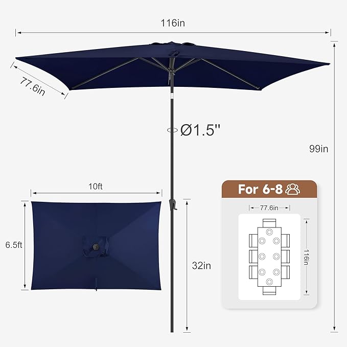 FLAME&SHADE 6.5 x 10 ft Rectangular Patio Umbrella with Push Button Tilt & Crank, Table Market Rectangle Rectangle Umbrella Outdoor for Yard, Pool, Garden, Porch(Navy Blue)