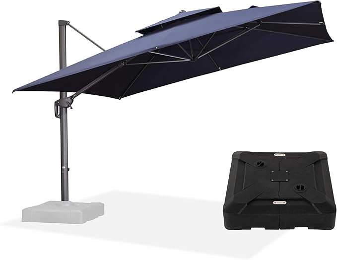 PURPLE LEAF 12ft Patio Umbrella with Base Large Outdoor Square Umbrella Deluxe Hanging Double Top Cantilever Offset Market Umbrella Windproof Garden Umbrella Navy