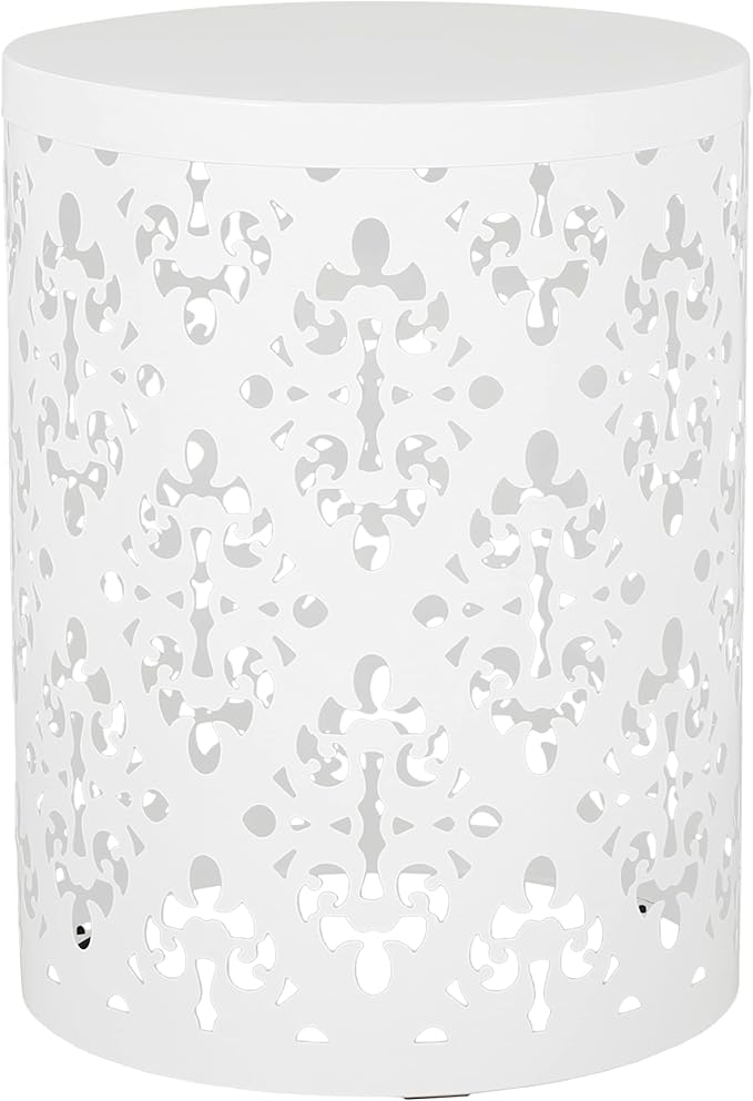 14" Cylindrical Side Table with Floral Iron Cut, Stylish End Table with Powder-Coated Iron, Practical Accent Table with No Assembly for Outdoor Patio Garden, White