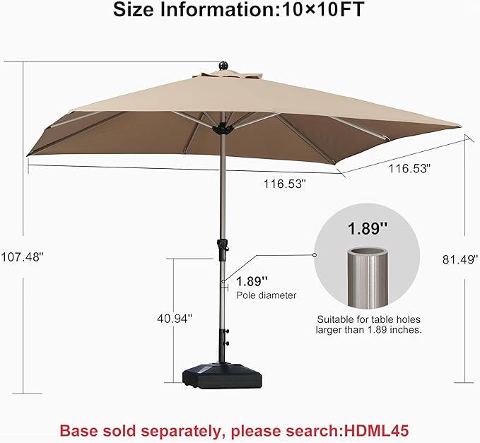 PURPLE LEAF 10' x 10' Square Patio Umbrella, Alumimum Outdoor Market Umbrella with 3 Year Fade Resistant, Pool Umbrella for Deck Garden, Patio, or Poolside, Lawn