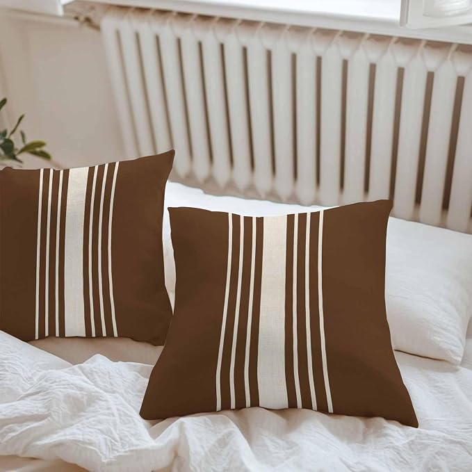 Vandarllin Outdoor Throw Pillows Covers 18x18 inch Set of 2 Waterproof Brown Vertical Stripes Decorative Zippered Cushion Covers for Patio Furniture, Classic Striped Linen Lumbar Pillowcases