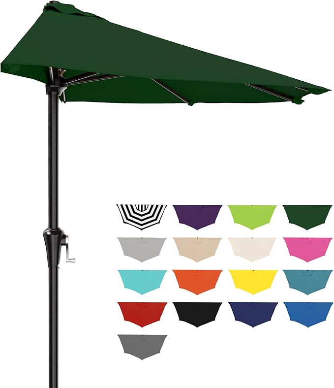 AreShark 9FT Half Patio Umbrella, Outdoor Wall Umbrella with Crank & 5 Sturdy Ribs, Table 1/2 Umbrella Patio for Garden, Deck, Balcony and Pool, Dark Green