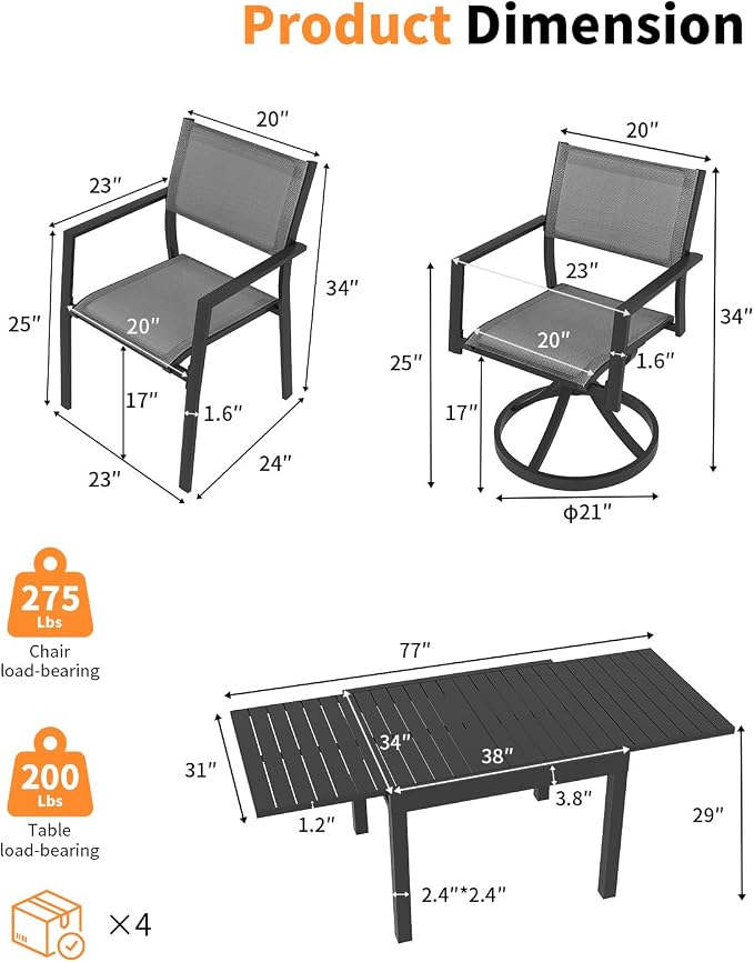 9-Piece Extendable Patio Dining Set, Never-Rust Aluminum Outdoor Dining Set with 2 Swivel Chairs, Expandable Outdoor Dining Table and 6 Stackable Dining Chairs for Porch, Lawn, Garden, Black