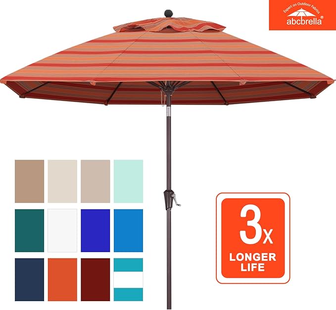 ABCCANOPY OLEFIN® 5-Year No Fading 9FT Patio Umbrella, Outdoor Table Umbrella with 8 Sturdy Ribs for Deck, Backyard, Garden, Yard (Red Orange Stripe)