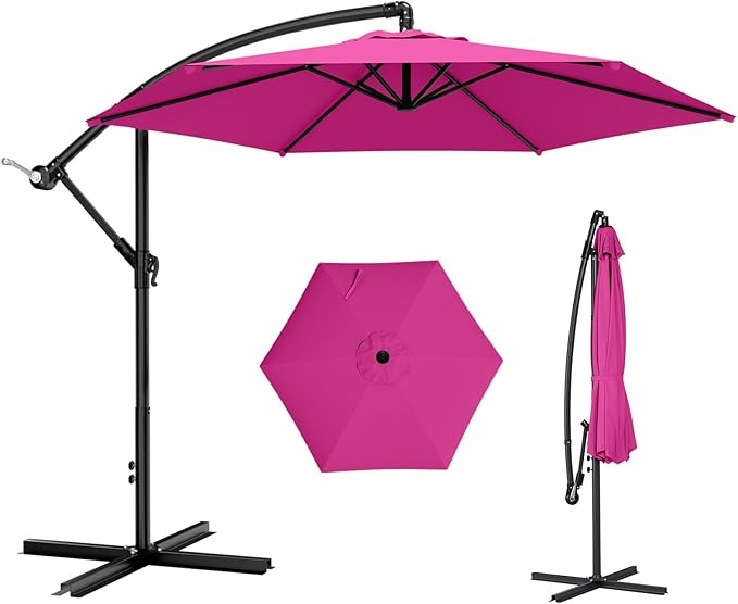 AreShark 10FT Patio Outdoor Umbrella, Offset Patio Umbrella Cantilever Umbrella, 6 Sturdy Ribs, Easy Adjustment for Garden Market Pool with Cross Base (Rose Pink)