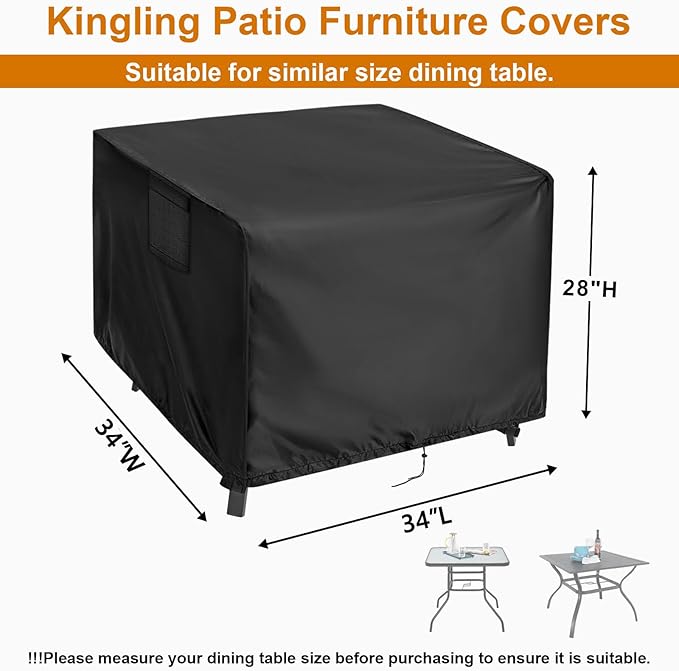 Kingling Outdoor Table Cover Square, 34 inch Square Patio Table Cover, Waterproof Small Table Cover Outdoor Patio Furniture Cover - 34'' x 34'' x 28'' Inch(Black)
