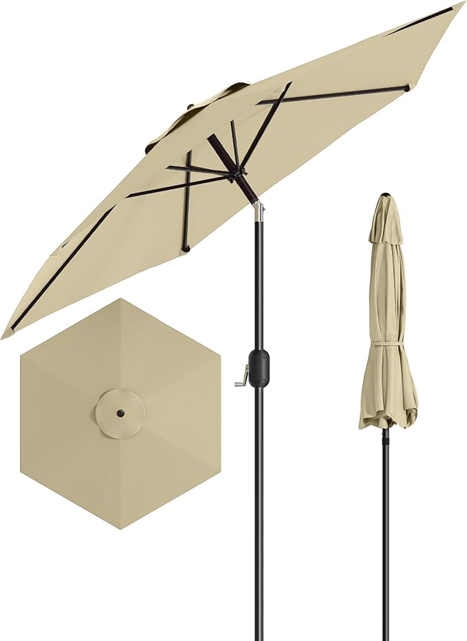 GarveeLife 7.5 ft Outdoor Patio Umbrella, Outdoor Table Umbrella, Market Umbrella With Push Button Tilt and Crank, 6 Sturdy Ribs UV Protection Waterproof for Garden, Deck, Backyard, Pool, Beige