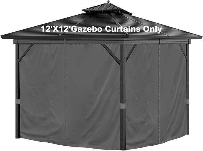 12'x12' Privacy Gazebo Curtains Outdoor Waterproof, 4-Panel Sidewall Curtains Universal Replacement with Zipper for Patio, Backyard, Garden (Grey)