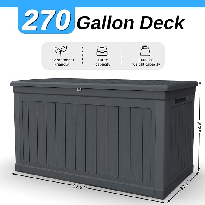 270 Gallon Deck Box, Resin Outdoor Indoor Waterproof Storage Box, Lockable Storage Box With Handle for Patio Furnitures - Garden Tools - Swimming Pool Tools UV - Resistant (Black)