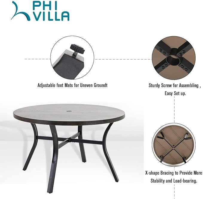PHI VILLA 5 Piece Ourdoor Patio Dining Set, 4 Swivel Dining Padded Sling Fabric Chairs & 44" Dia Round Patio Dining Table (with 1.97" Umbrella Hole), for Garden Deck Restaurant
