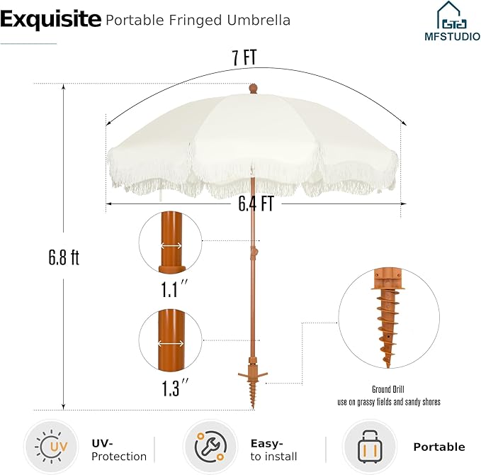 MFSTUDIO 7ft Patio Beach Umbrella with Fringe, Tassel Umbrellas UPF50+ with Sand Anchor & Tilt Button, Holiday Outdoor Umbrella with Carry Bag, Ideal for Garden Lawn Poolside, Ivory