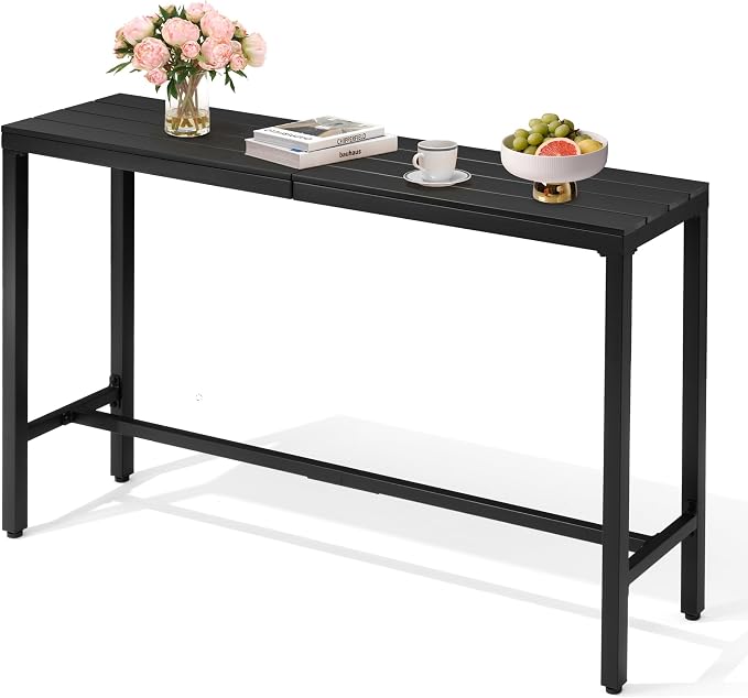 Outdoor Bar Table 63" All-Weather Patio Bar Table with Metal Frame and Waterproof Wood-Like Tabletop Outdoor Console Table for Balcony Yard Garden Bistro Hot Tub Use(Black)