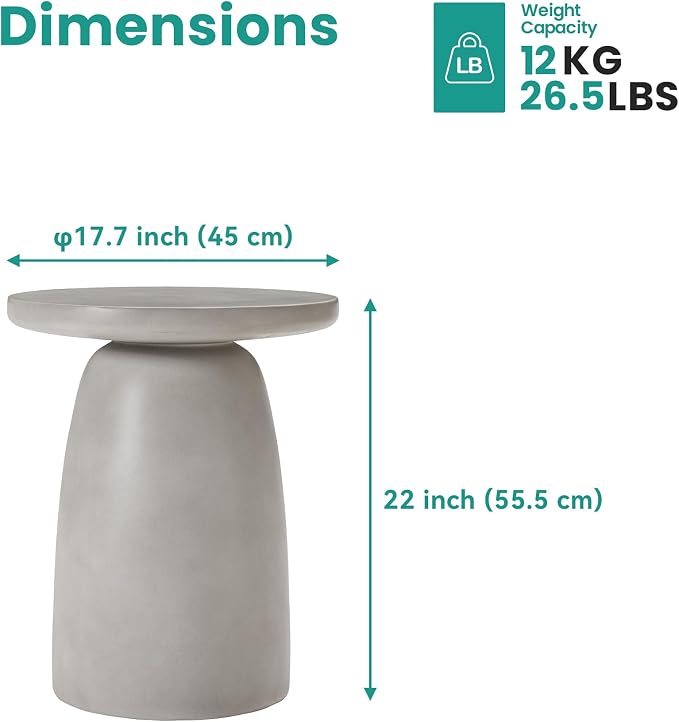 SUNBURY Outdoor Side Table, 22"H Large Concrete End Table Pebble Shaped, Lightweight Round Accent Table, Decorative Modern Coffee Table, Garden Planter Stand for Patio, Porch, Living Room Decor, Grey