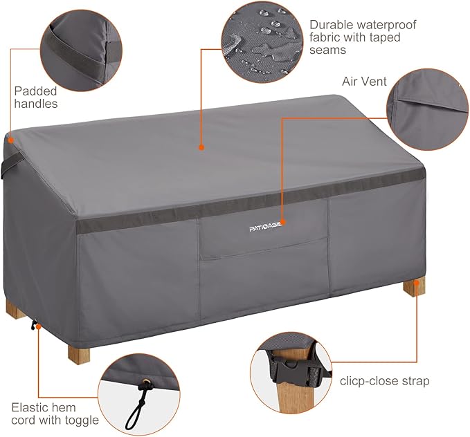 Patio Bench Cover Grey Waterproof, Small Outdoor Loveseat Cover 54in W x 37in D x 35in H Waterproof UV-Resistant Windproof Ripproof Outdoor 2 Seater Couch Cover