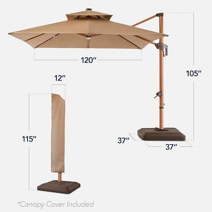 Best Choice Products 10ft Square Cantilever Patio Umbrella w/Base Included, Woodgrain Pattern Pole & Solar LED Lights, 360-Rotation, Offset Hanging Outdoor Shade