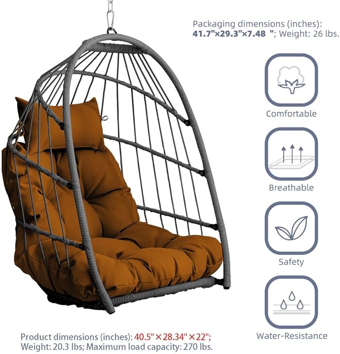 Hanging Egg Chair Without Stand – Foldable Rattan Wicker Swing Chair with Cushion & Headrest, 350lbs Capacity, Ceiling/Tree Mount Kit Included for Indoor Outdoor Use,Brown