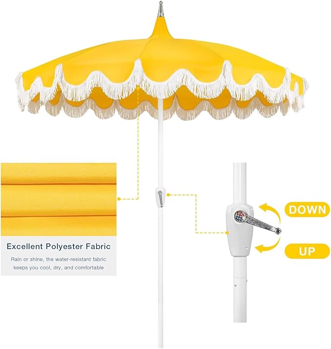 7.5ft Pagoda Patio Umbrella with Fringe, UPF50+ Tassel Umbrella with Crank & Fiberglass Ribs, Holiday Outdoor Umbrella for Garden Pool Lawn Yard Table