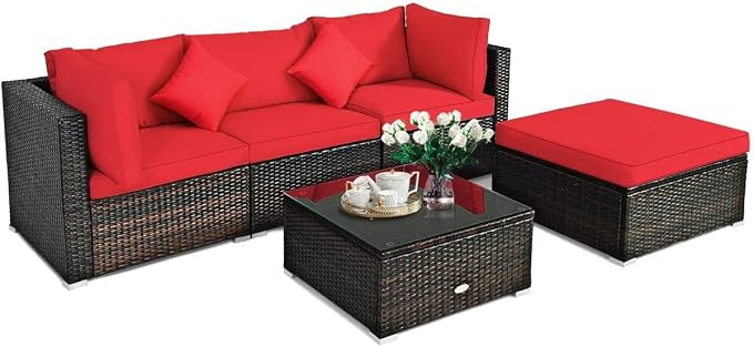 HAPPYGRILL 5 Pieces Patio Conversation Set, Outdoor Rattan Wicker Furniture Set, Sectional Sofa Ottoman Set with Coffee Table, Cushion, Pillow for Garden Lawn Balcony Backyard