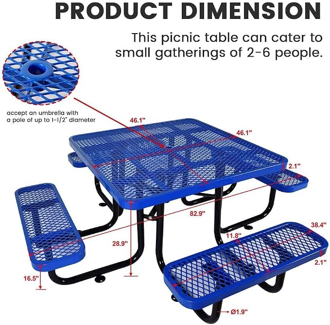 46" Square Commercial Picnic Table for 4-8 Person, Heavy Duty Metal Outdoor Picnic Table with Umbrella Hole for Coffee Shop, School, Hospital, Easy to Install, Blue