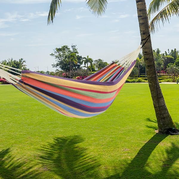 Double Portable Polyester Hammock with Strong Steel Stand for Camping, Backyard, Patio, Beach, and Garden Relaxation, 135Kg Load Capacity