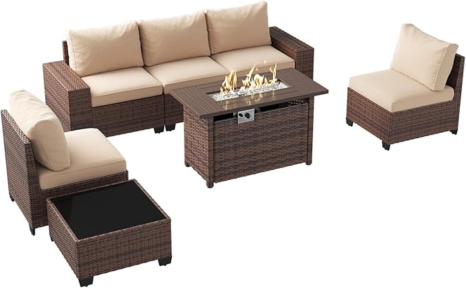 Aoxun Outdoor Patio Furniture Set with 44'' Fire Pit Table, 7 Pcs Outdoor Patio Furniture Sets with 4in Thicken Cushion, Widen Armrests Wicker Outdoor Sectional for Backyard (Waterproof Cover Include)