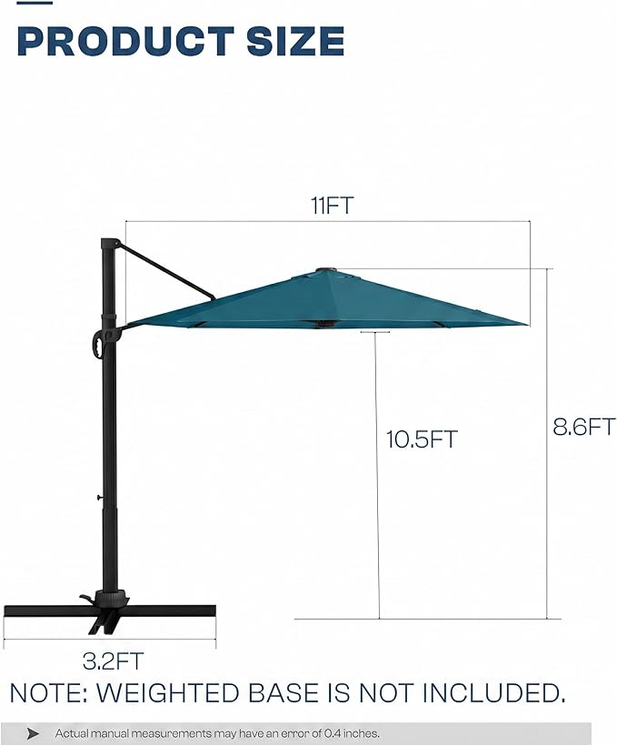 11 FT Round Cantilever Umbrella,Easy Tilt, Fade Resistant & 360° Rotation, Offset for Pool Deck Backyard Patiolake blue (Base not Included)