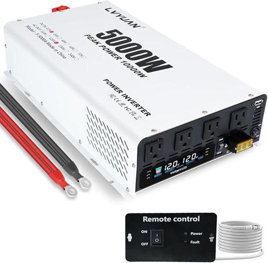 LVYUAN 5000 Watt Power Inverter 12V to 110V 120V DC to AC Converter with 4 AC Outlets, LCD Display, USB Charge Port, Remote Control for Home RV Vehicle Outdoor Camping Car Power Inverter