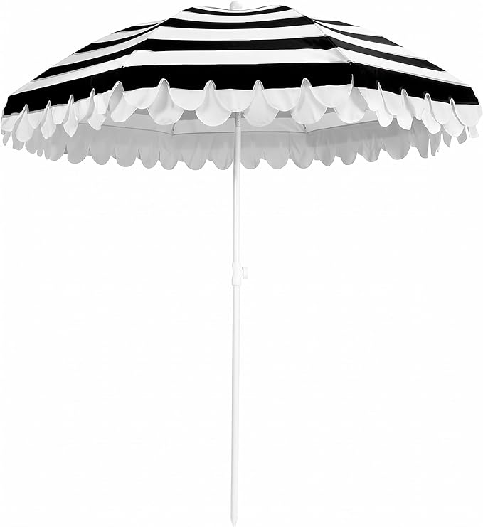 6.5Ft Valance Beach Umbrella, Classic Scalloped Fringe Umbrella with Push Button Tilt, UPF50+ Portable Outdoor Umbrellas with Carry Bag for Patio Garden Pool