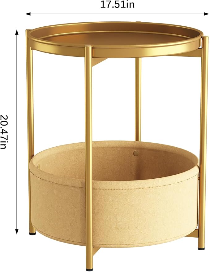 Garden 4 you Side Table with Fabric Storage Basket, Round Metal End Table, Small Bedside Table Nightstand with Removable Tray, for Nursery, Living Room, Bedroom, Bathroom, Gold