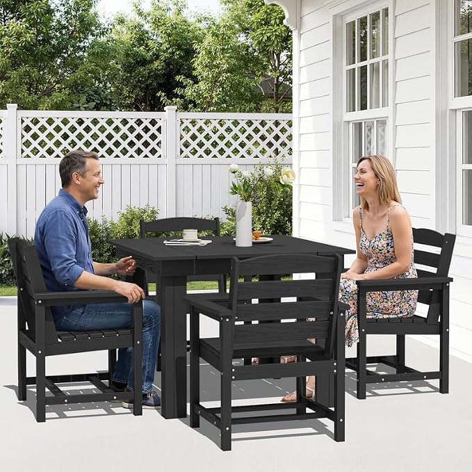 KINGYES 5-Piece HDPE Outdoor Dining Set for 4, Square Patio Table & Armchairs with Umbrella Hole, All-Weather Patio Dining Set for Backyard, Garden, Lawn & Poolside, Black