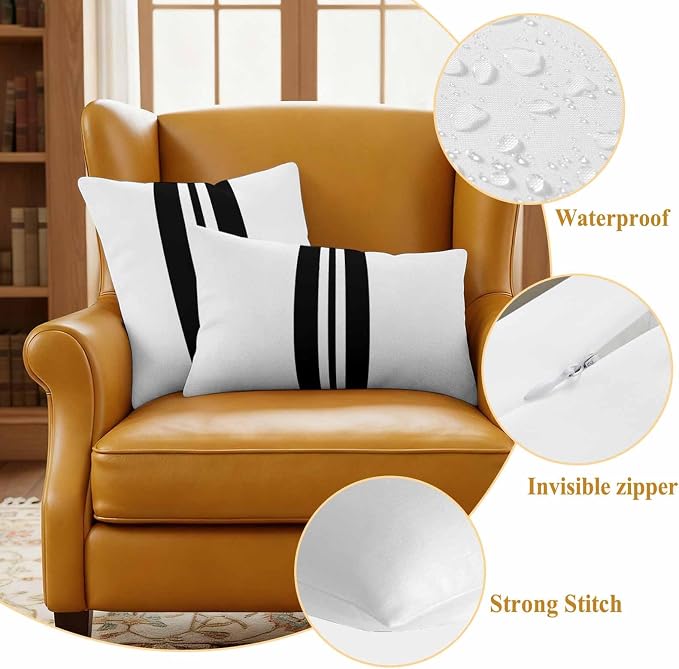 Black Stripes Outdoor Waterproof Throw Pillow Covers Set of 2, 24"x24", Festival Decorative Pillow Covers Outside Cushion Case for Patio Porch Garden