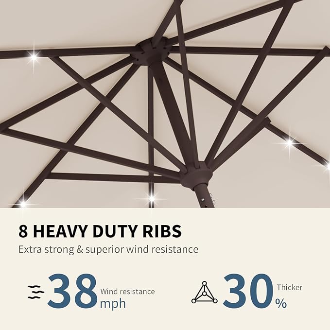9FT Patio Umbrella with Solar Lights,Outdoor Market Umbrella with Tilt and Crank, LED Lighted Table Umbrella for Garden,Deck,Backyard,Pool,Beach (Beige)