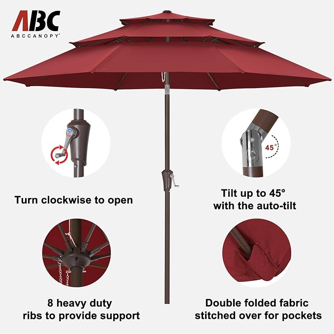ABCCANOPY 9Ft 3 Tiers Market Umbrella, Outdoor Table Umbrella for Patio, Deck, Backyard (Burgundy)