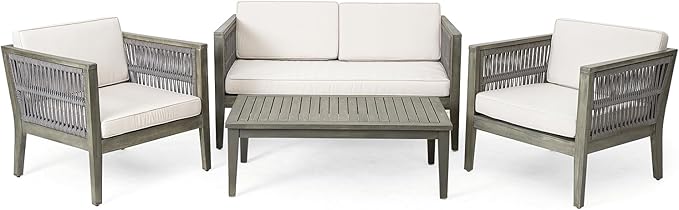 4-Pieces Acacia Wood Patio Furniture Set, Outdoor Furniture with Coffee Table, Patio Conversation Set Deep Seating with Soft Cushion, Porch Chairs for Garden, Backyard Porch Balcony, Grey & Beige