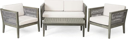 4-Pieces Acacia Wood Patio Furniture Set, Outdoor Furniture with Coffee Table, Patio Conversation Set Deep Seating with Soft Cushion, Porch Chairs for Garden, Backyard Porch Balcony, Grey & Beige